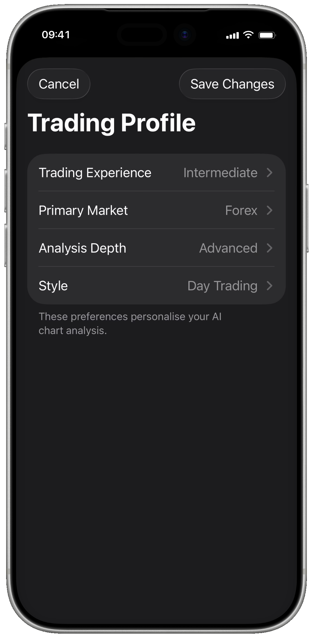 Trading AI trading profile on iPhone